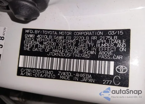 2015 Toyota Prius Two z USA, uszkodzony, nr VIN JTDKN3DU5F1947482